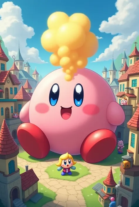 giant kirby，sit in small city，happy，kirby fart，yellow gas