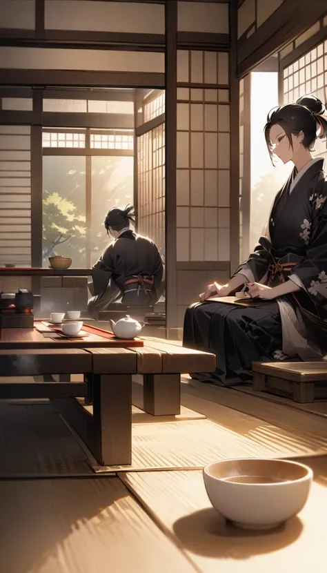 A traditional Japanese tea room, with an elegantly dressed samurai preparing tea. The setting is serene and peaceful, with soft lighting highlighting the samurais calm demeanor. The focus is on the tea ceremony, symbolizing cultural refinement.