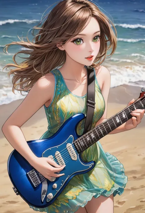 a beautiful woman in a sleeveless dress, elegant dress playing electric guitar, creative, stage at the seaside、art, colored penc...