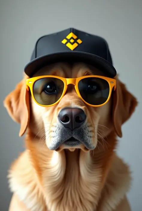 a labrador dog wearing a Binance company cap and also wearing retro punk style glasses