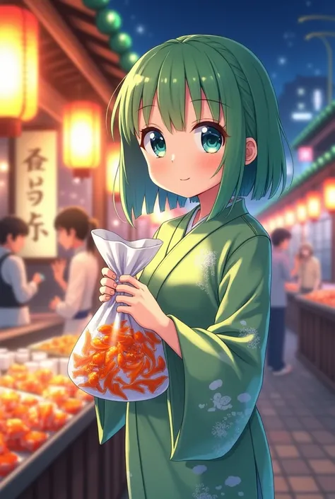 Create a cute 17yearold girl high160cm with bob hair + light green bangs, blue eyes, at a Japanese festival at night, holding a bag of goldfish Wearing a light green yukata an employee at a goldfish cutting shop..