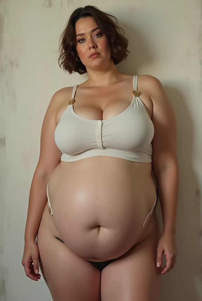 ​masterpiece, best quality, Super Detail, 4K, 1 girl, extremely fat, ssbbw, unhumanly large breasts, enges Tanktop, short shorts, Brown hair, Shy, bent forward.