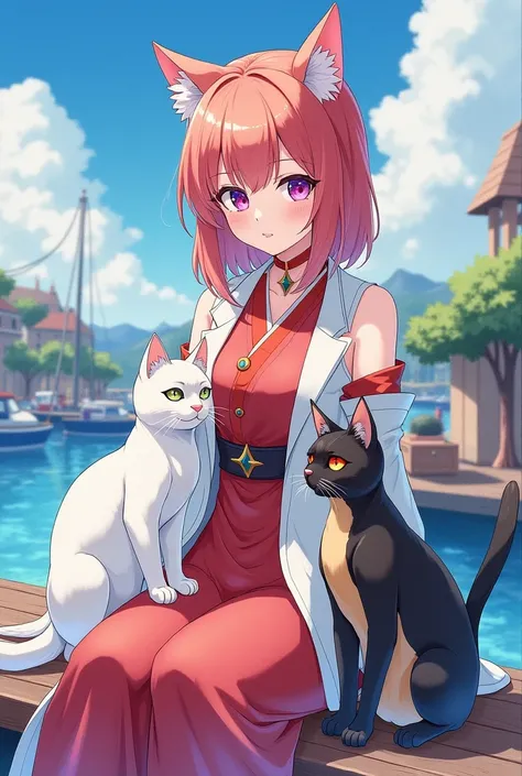 A watercolor painting of a young woman with waist-length hair that is light red, purple eyes like a galaxy, wearing a Liyue style outfit from the game Genshin Impact, sitting on the dock in Liyue City with two cats. The first one is a white cat with two-co...