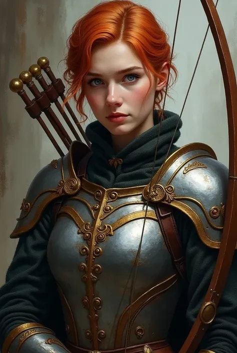 medieval female portrait, short ginger hair, dark blue eyes, retina, perfect body, archer armor, medieval style, masterpiece, vinland sage style