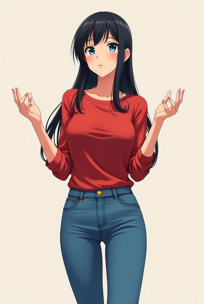 A woman standing, her body language shows clearly that she is asking someone a question, her head is up and her hands are at the level of her shoulders, she has black hair, she wears a red shirt, a blue jeans pants, no background, realistic portrait, anime...