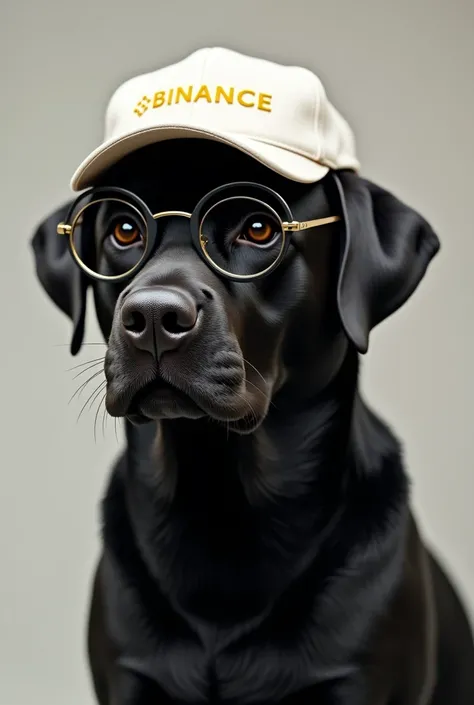 a black labrador dog wearing a Binance company cap and also wearing round retro punk style glasses