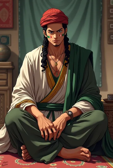 ***“Zoro from *One Piece* sitting in kameez shalwar and an Afghan hat, with a small Afghan flag drawn on his face, a serious expression, and an Afghan cultural background.”**