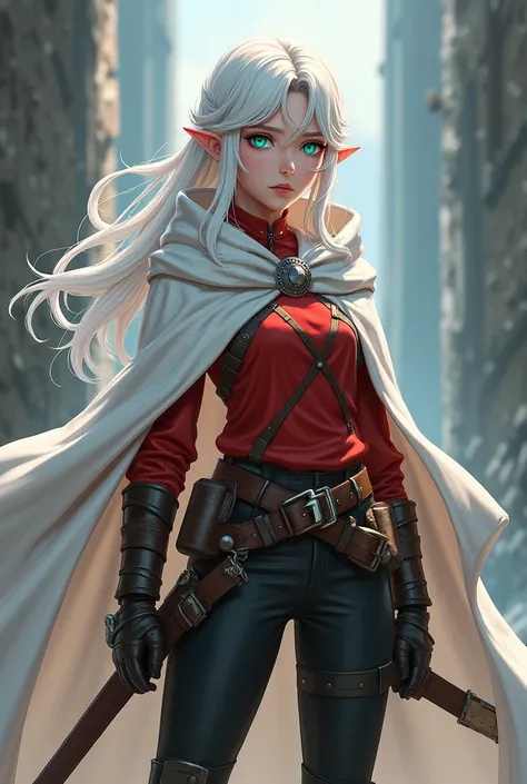 Lightly armed warrior girl, in full height, Cyan eyes, white colored hair, Hair between the eyes, Red sleeves, white capelet, black pants, Realism