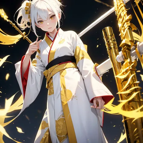 Boy girl, with yellow and white hair with very white skin and golden eyes dressed in a kimono and with a spear