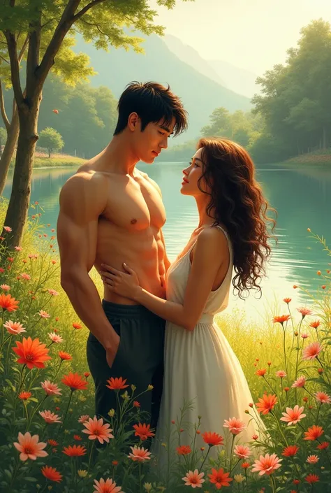 Drawing of a muscular Korean man with a brown curly hair woman in a field with flowers near a lake