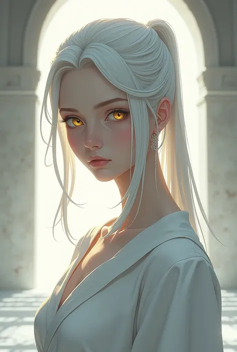 medieval female portrait, perfect yellow eyes, perfect retina, serious face, white ponytail, perfect body, white bard silk costume, light aura, medieval style, masterpiece, vinland saga style