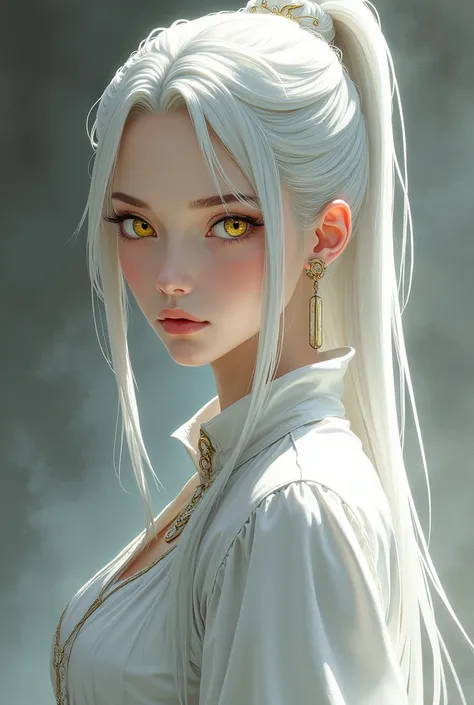 medieval female portrait, perfect yellow eyes, perfect retina, serious face, white ponytail, perfect body, white bard silk costume, light aura, medieval style, masterpiece, vinland saga style