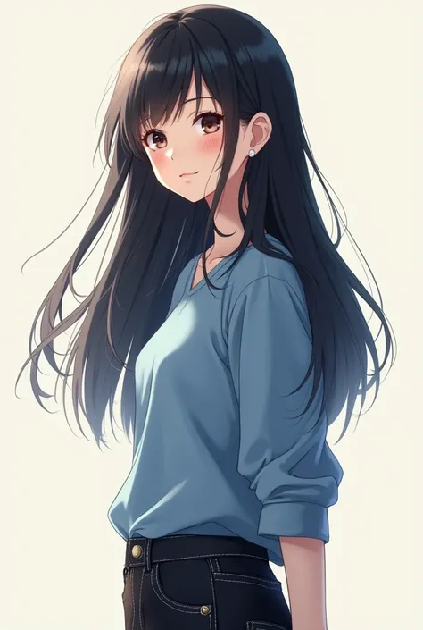 A woman standing, her face shows shes blushing, she has black hair, she wears a blue shirt, a black jeans pants, no background, realistic portrait, anime style