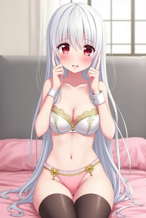 an anime girl, white skin with straight white hair down to the waist, with red eyes, small chest, in lingerie, The bra is made up of a white color with gold trim including the bra straps and detailed design on the white part , the panties made of a light p...