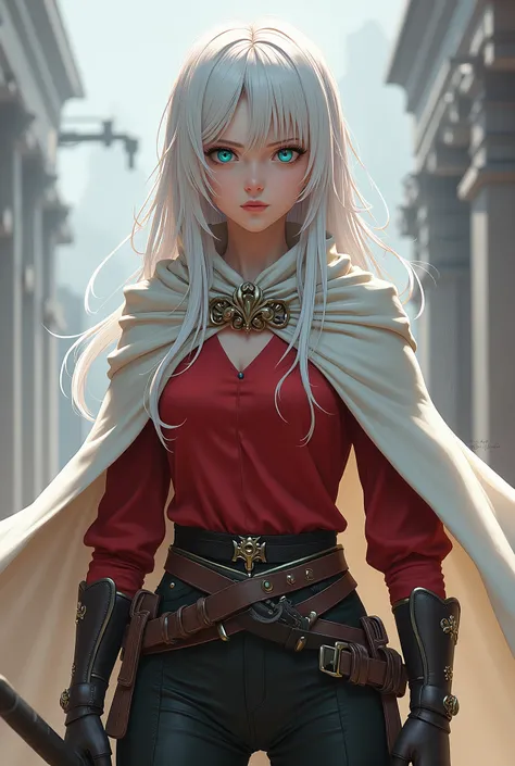 Lightly armed warrior girl, in full height, Cyan eyes, white colored hair, Hair between the eyes, Red sleeves, white capelet, black pants, Realism