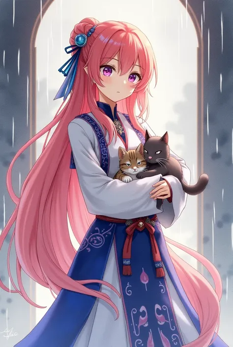 Painting a young woman in watercolor : She has long hair that reaches her waist and is light red, with purple eyes like a galaxy, and is wearing a Liyue-style outfit from the game Genshin Impact. She is standing and holding two cats in the rain.