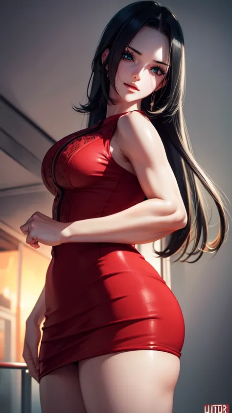 good Hancock, standing, long hair flying in the wind, (bright black eyes: 1.3), tattoo of the number 69 drawn on her belly, long black hair, smile, sexual appearance big, large breasts and perky ass, BREAK completely beautiful, short red dress, BREAK stage...