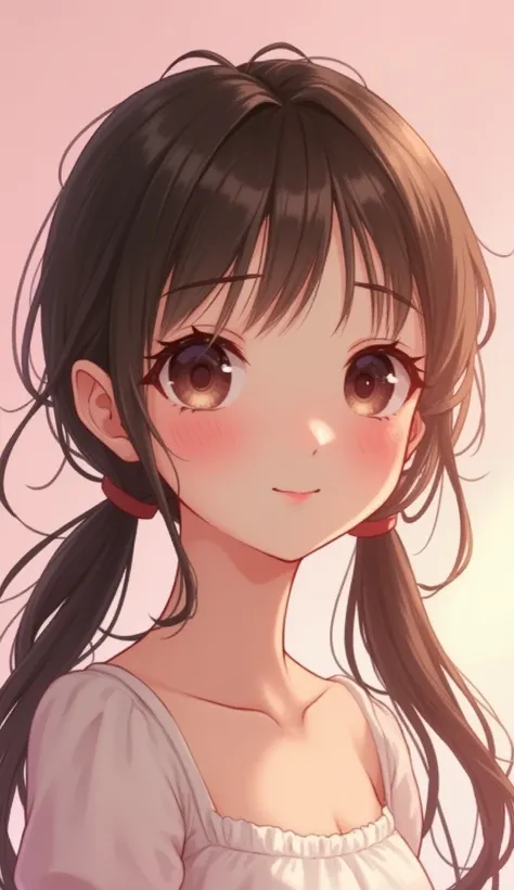 (masterpiece, 1girl, twin tails, brown hair, big eyes, shy smile, (pink background), upper body)
