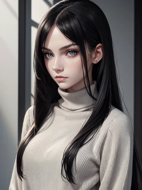 (best quality), 1girl, female, pale skin, (black hair), long hair, straight hair, grey eyes, perfect eyes, turtleneck sweater, stylish, elegant, serious, masterpiece, anatomically correct, highres
