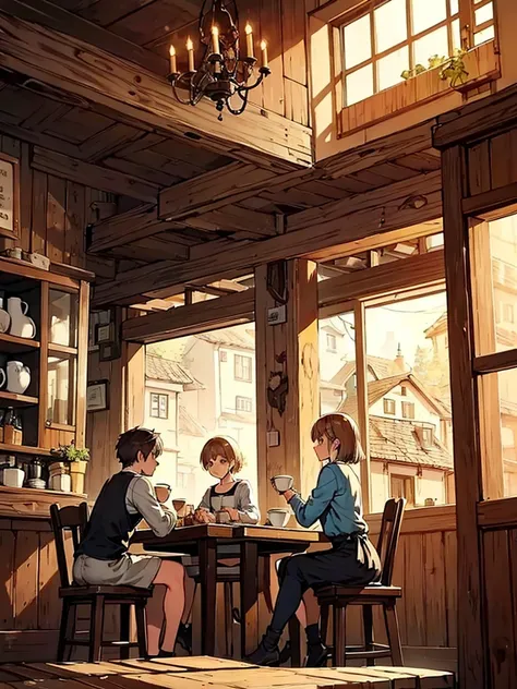 A small, quaint village café with a rustic charm, wooden tables, and a few customers seated. The atmosphere is cozy, with warm lighting and a slight morning haze coming through the windows. One table in the corner has an untouched cup of coffee, and the sc...