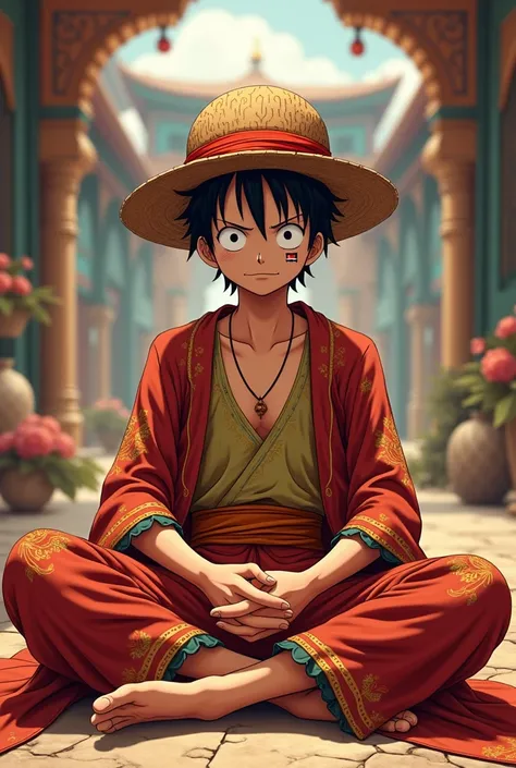 **“Luffy from *One Piece* sitting in kameez shalwar and an Afghan hat, with a small Afghanistan flag drawn on his face, and an Afghan cultural background.”** 