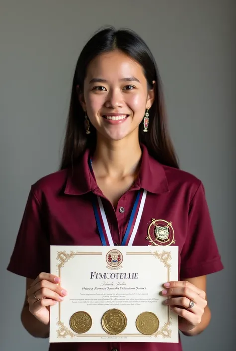 "A pretty lady wearing a maroon polo uniform with Enderun International College on it is holding a certificate that reads Presidents List Awardee. With her name Haven Serenity Felizeiana Suarez. She is also wearing three medals and smiling at the camera."