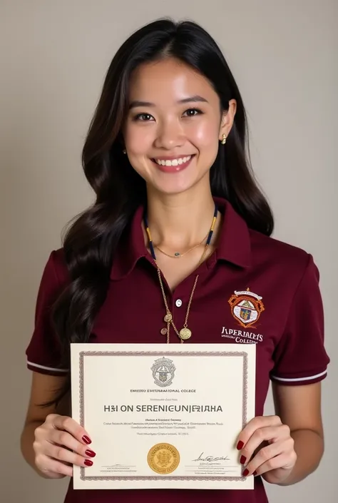 "A pretty lady wearing a maroon polo uniform with Enderun International College on it is holding a certificate that reads Presidents List Awardee. With her name Haven Serenity Felizeiana Suarez. She is also wearing three medals and smiling at the camera."