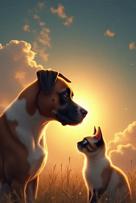 a boxer dog died and is in heaven, like a little angel, a Siamese cat who was his good friend is on earth, looking up missing his friend