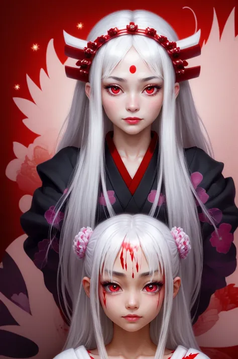 A masterpiece of the highest quality, 1 girl, One, White hair, japanese clothing, kimono, long hair, I look at the viewer, ((Red eyes)), smile, sparkling eyes, ((hands on your own face)), ((blood swirl)), (yandere:1.4), (sparkling eyes:1.4), Crazy eyes