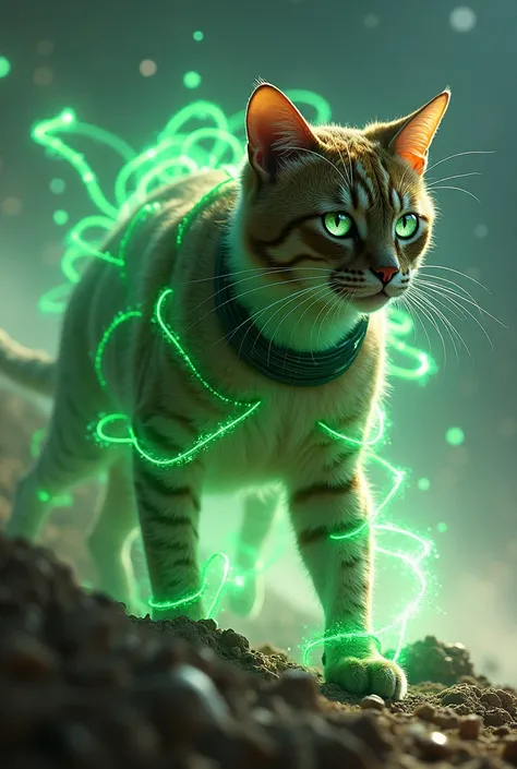 The cat with the green glowing wires around it destroyed the spaceship with a cosmic explosion with its power.