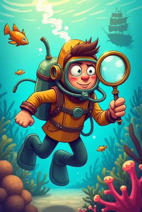 Make it like a cartoon, a male diver with a magnifying glass exploring the sea