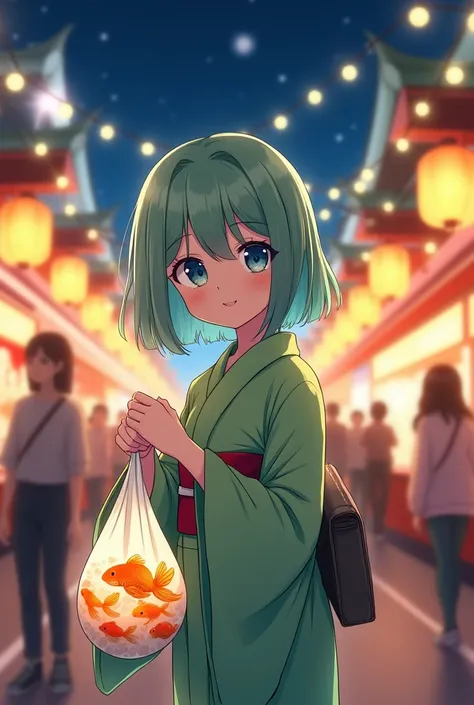 Create a cute 17yearold girl high160cm with bob hair + light green bangs, blue eyes, at a Japanese festival at night alone, holding a A bag containing water with goldfish inside Wearing a light green yukata smile