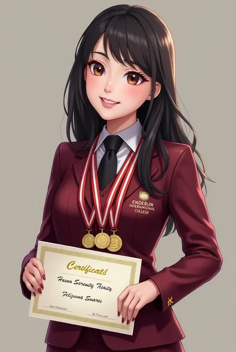 "A pretty lady wearing a maroon uniform with Enderun International College on it is holding a certificate that reads Presidents List Awardee. With her name Haven Serenity Felizeiana Suarez. She is also wearing three medals and smiling at the camera."