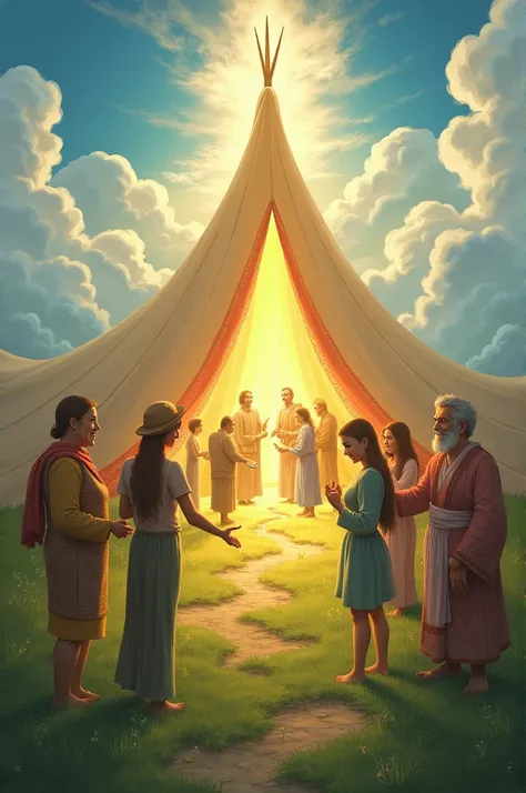 **illustration: "The Life of a Guest in Jehovah&#39;s Tent"**

*Descrição da illustration:*

The image depicts a symbolic and peaceful scene of a field with a large tent in the center., representing the "Jehovah&#39;s tent". detta tenda é visivelmente acol...