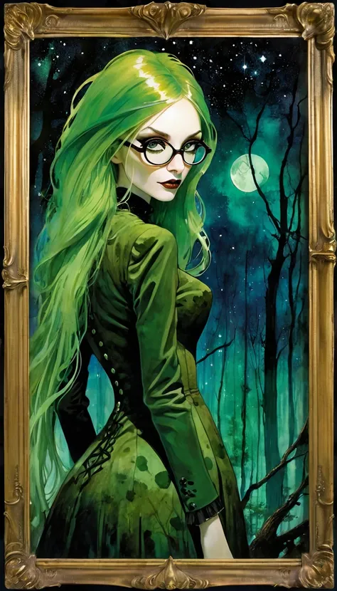 portrait, elegant picture frame, sexy monster girl, long green hair, sexy, sexsexsex,dirty green mucus suit, elegant Victorian era dress, one-eyed glasses, magic, fantasy,sinister forest background at night, with stars and nebula,art inspired by Bill Sienk...