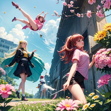 Big pink flowers with bee-like girls flying next to the flowers