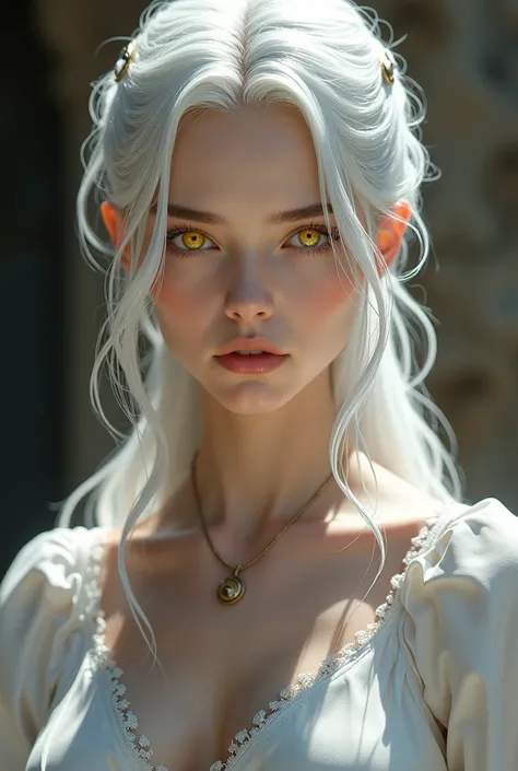 medieval female, perfect yellow eyes, perfect retina, serious face, white ponytail, perfect body, white bard silk costume, erotic, light aura, medieval style, masterpiece, vinland saga style, nsfw