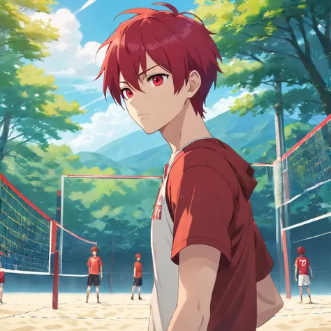 high res, masterpiece, Sabaku no Gaara, red hair, solo, 1boy, male, volleyball court, outside,blue sky, woods, , detailed eyes,