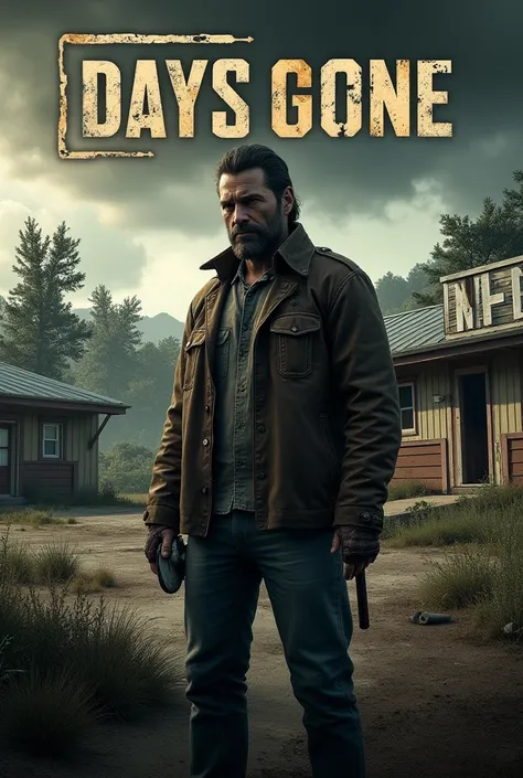 Create a thumbnail for a Days Gone YouTube series, Episode 2. The scene should feature the protagonist, Deacon St. John, standing in front of an abandoned motel with a rustic, eerie atmosphere. The background should depict a post-apocalyptic environment, w...