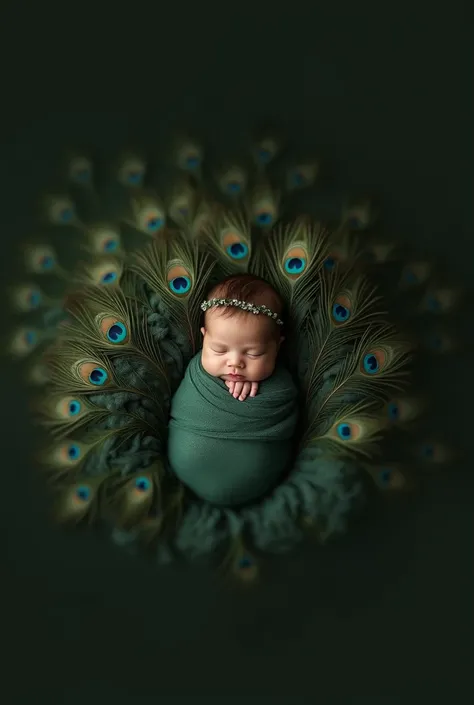 arafed baby sleeping in a blanket with a peacock feather, a photo inspired by Anne Geddes, shutterstock contest winner, art photography, peacock feathers, 9 peacock tails, green feathers, peacock feather wrap the head, award winning studio photo, peacock c...