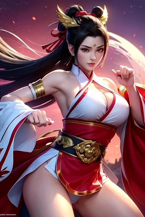 The character is a martial arts warrior with a look reminiscent of the iconic Mai Shiranui, but with some distinctive changes. She has an athletic physique and graceful curves., highlighting your strength and agility. Her outfit is inspired by a traditiona...