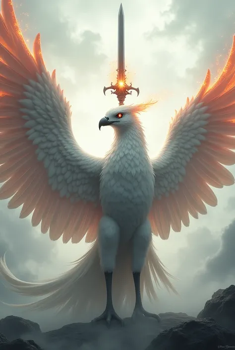 "A regal white bird, resembling a phoenix, stands proudly with its wings outstretched. Behind it, a sword pierces the air, shrouded in dark, black flames that seem to flicker with an otherworldly energy. The birds feathers glisten with a subtle, ethereal g...