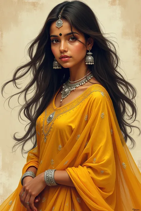 Create an illustration of a girl with yellowish brown skin wearing a yellow kurti with a black bindi and silver jewellery open hair with dupatta standing 