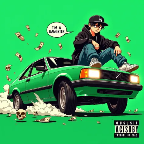 Image of a man sitting on the bonnet of a car, Yoshihiko Wada&#39;s album cover, winner of the behance contest, Doodle, official artwork, rap album cover, hip - hop album art cover, colored album art, hip hop music album cover, rap album cover art, officia...