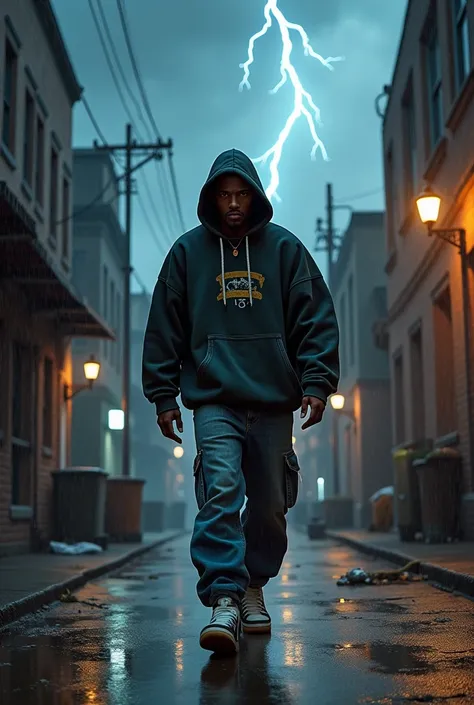 An Adult Boy, black man dressed in rapper style walking on a gangster street in the rain, and lightning.