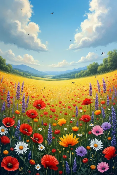 Painting a view in the middle of a flower field using oil painting techniques.