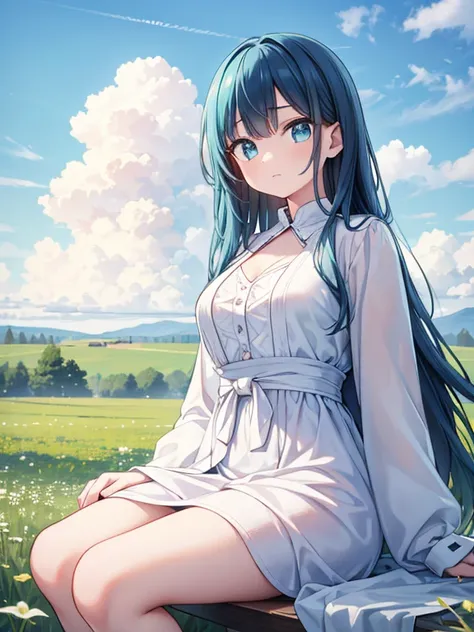 a beautiful girl in a turquoise screen filter, 1 woman sitting alone wearing a brown robe, looking up with detailed eyes, closed mouth, long hair, cowboy shot, in a sunny cosmos field with clouds, (best quality,4k,8k,highres,masterpiece:1.2),ultra-detailed...