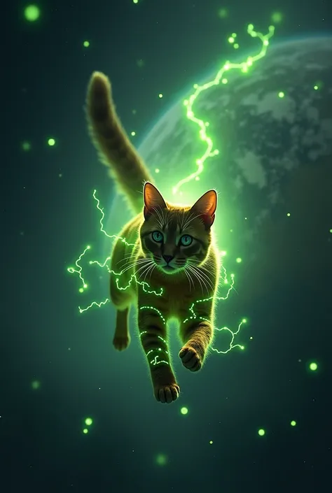 The cat with green light strings on its body flew towards the earth.