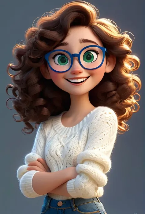 3d, pixar style, disney, a beautiful girl with medium curly and dark brown hair, dark green eyes and blue glasses in jeans and w...