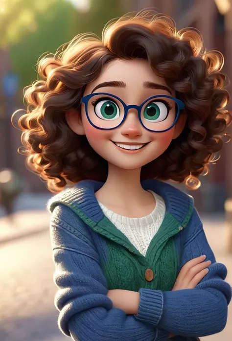 3d, pixar style, disney, a beautiful girl with medium curly and dark brown hair, dark green eyes and blue glasses in jeans and w...